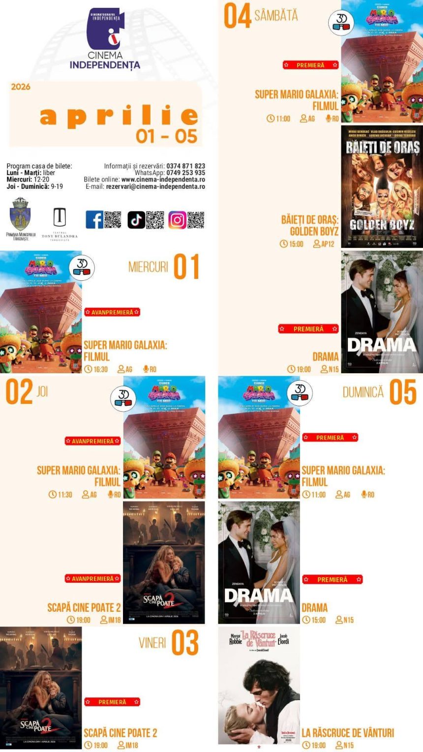 Consult programul proieciilor de film la Cinema Independena ntre 01 i 05 aprilie 2026