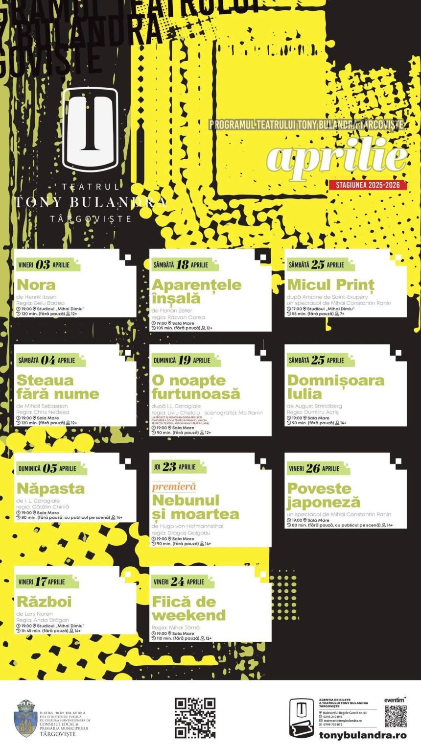 Consultati programul spectacolelor de la Teatrul Tony Bulandra din Targoviste pentru luna aprilie 2026