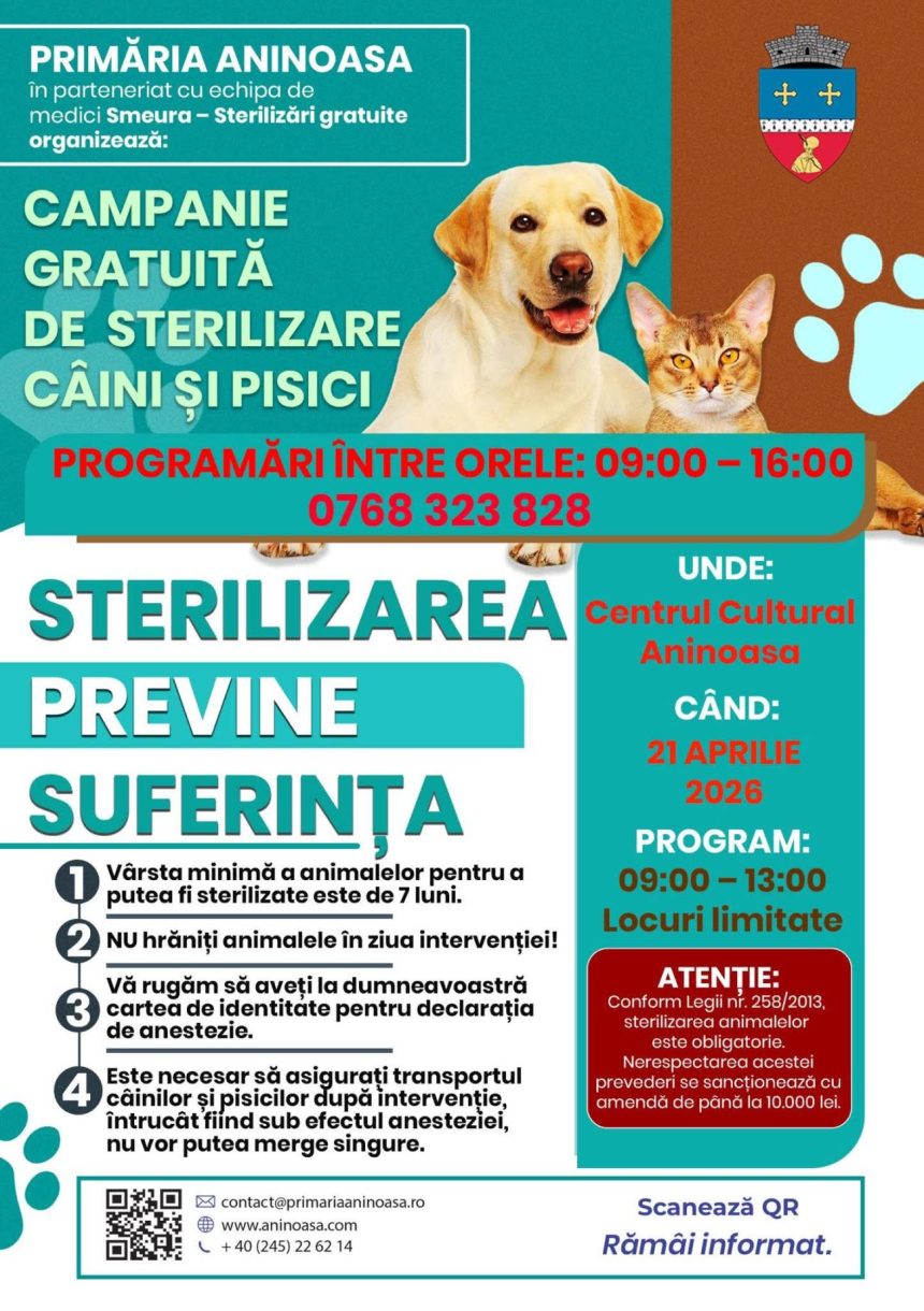 Sterilizari gratuite pentru caini si pisici in Aninoasa pe 21 aprilie