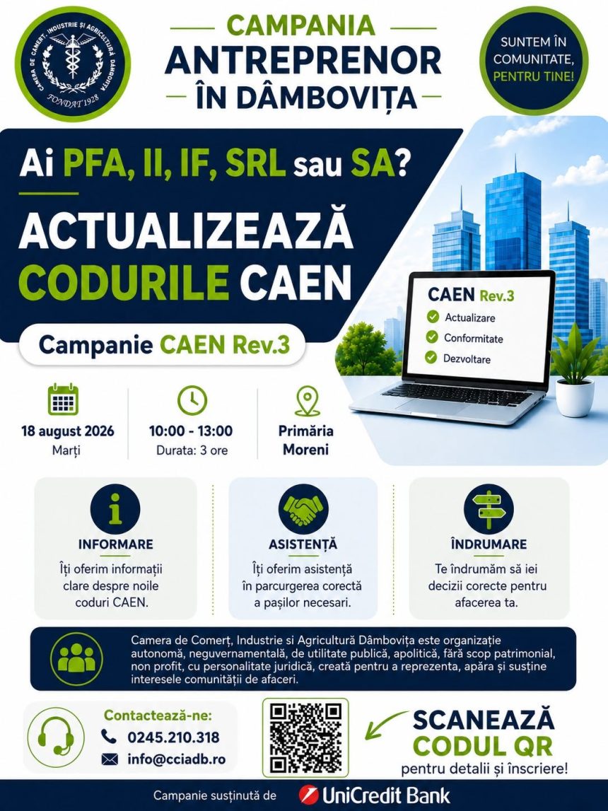 Antreprenorii din Moreni si localitatile invecinate invitati de Camara de Comert la o sesiune pentru actualizarea codurilor CAEN