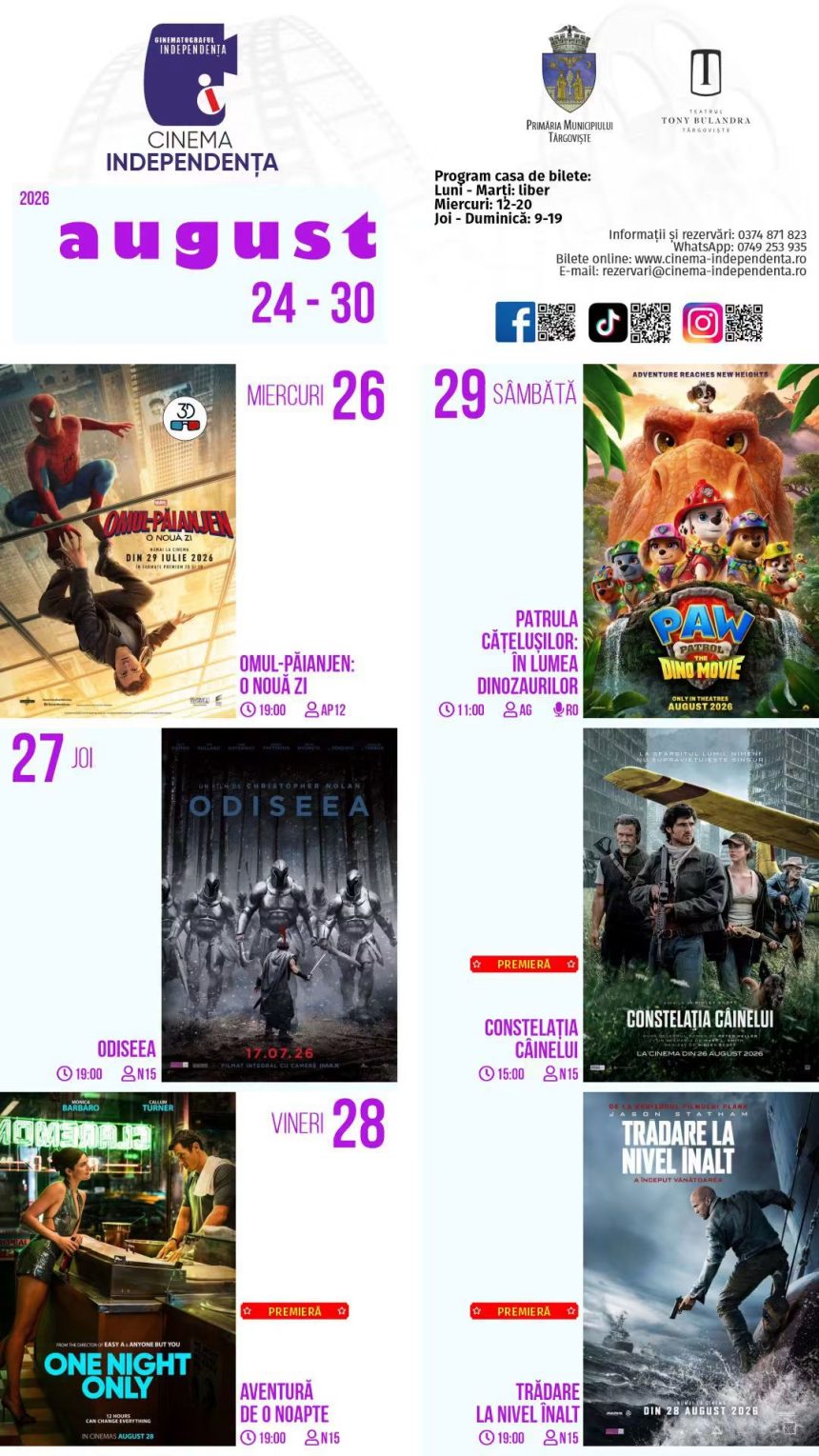 Consult programul proieciilor de film la Cinematograful Independena n perioada 24