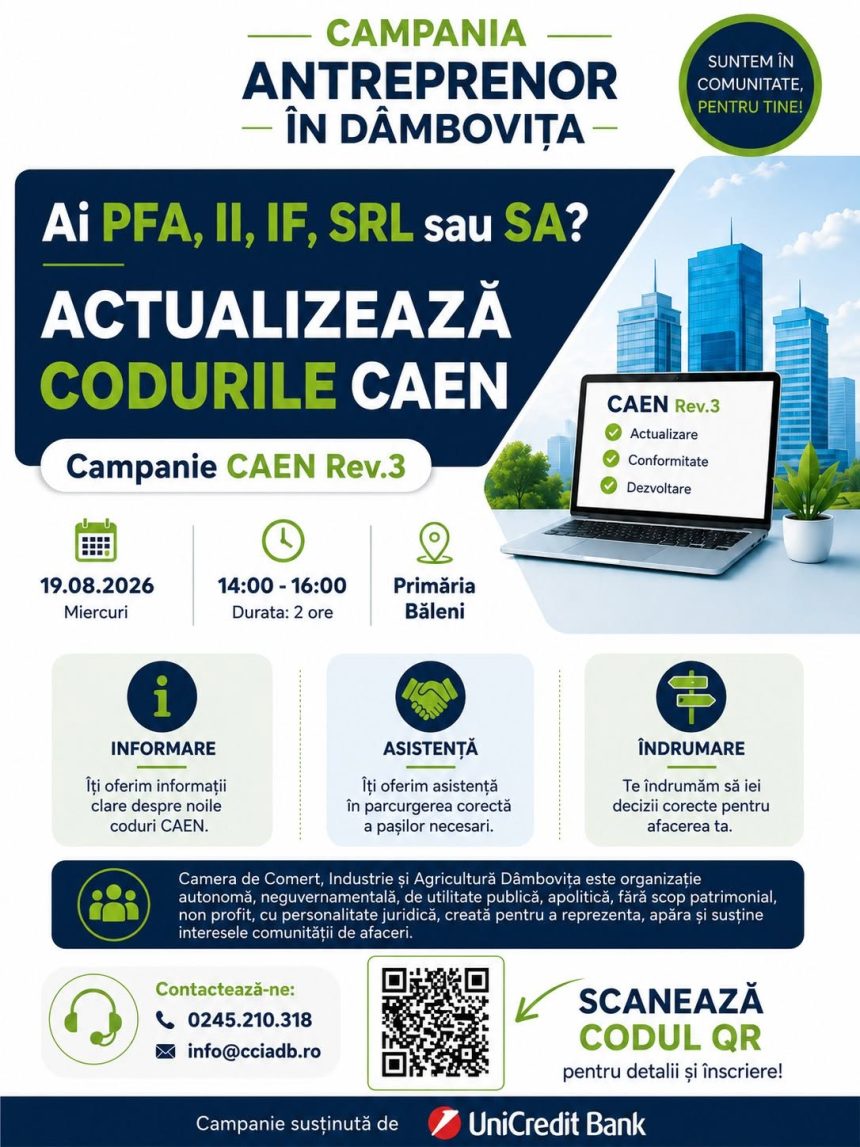 Primaria Baleni organizeaza maine o sesiune de informare despre actualizarea codurilor CAEN