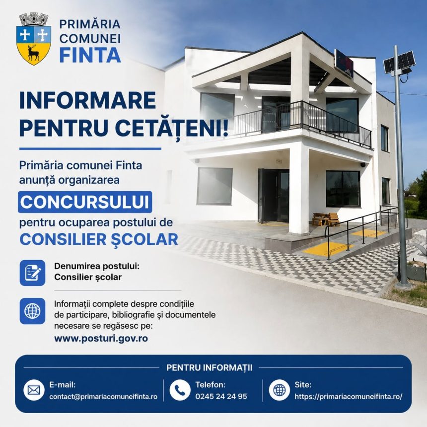 Primaria Finta organizeaza un concurs pentru ocuparea unui post de consilier educational