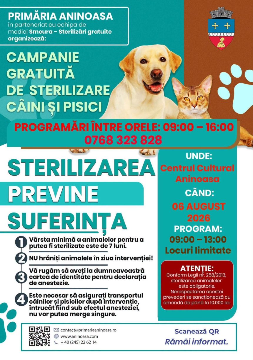 Sterilizare gratuita pentru caini si pisici joi in Aninoasa