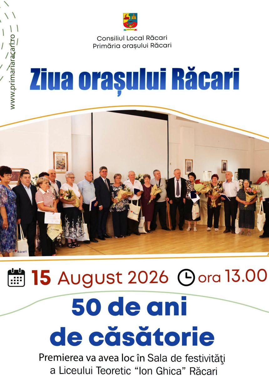 Ziua Orasului Racari celebrata pe 15 august Vor fi premiate cuplurile de aur cadrele didactice salvatorii si elevii remarcabili