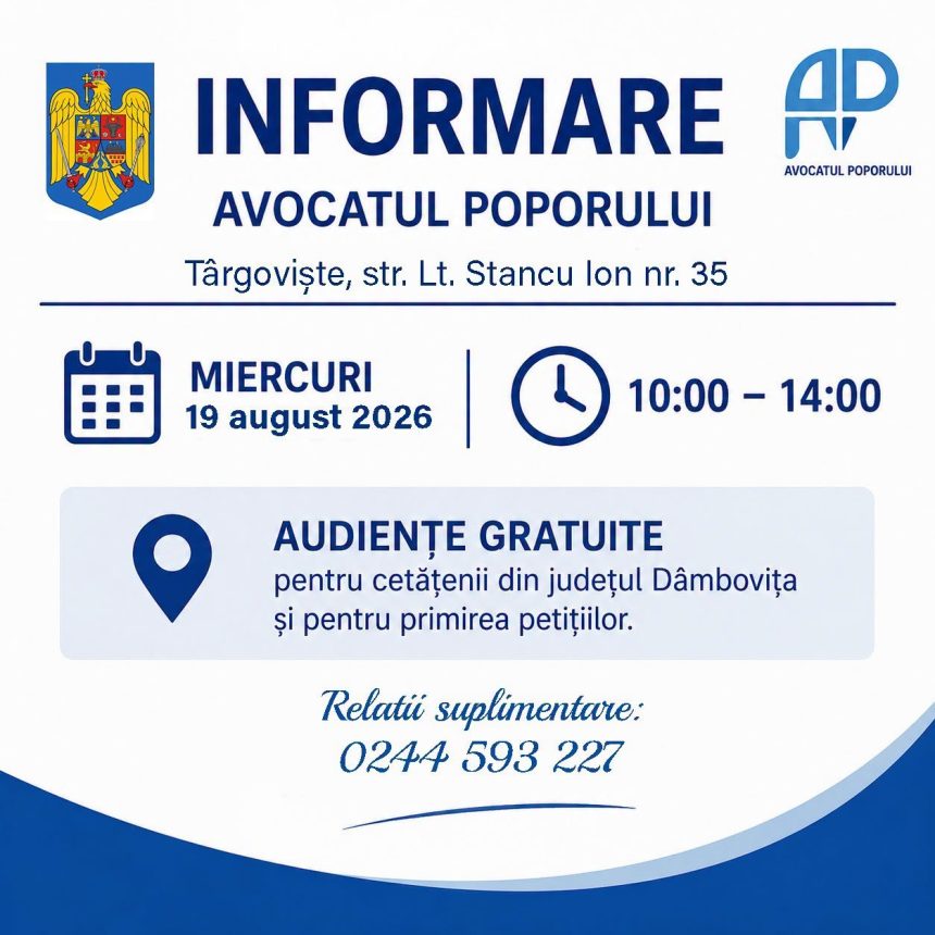 reprezentantii avocatului poporului ofera si in aceasta luna audiente gratuite la targoviste cand pot dambovitenii sa depuna petitii