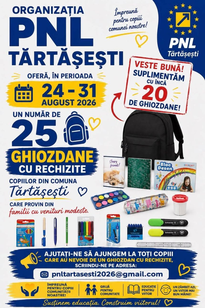 sprijin pentru inceputul anului scolar la tartasesti o serie de copii vor beneficia de ghiozdane si rechizite scolare